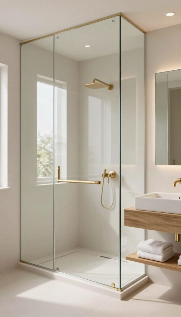 Modern bathroom with mirrored shower surround reflecting light and warm accents