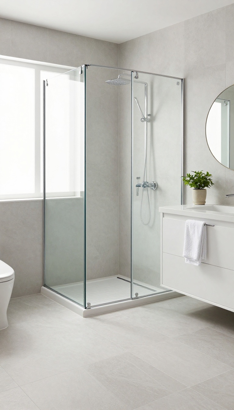 Curbless walk-in shower with seamless floor transition in a bright modern bathroom