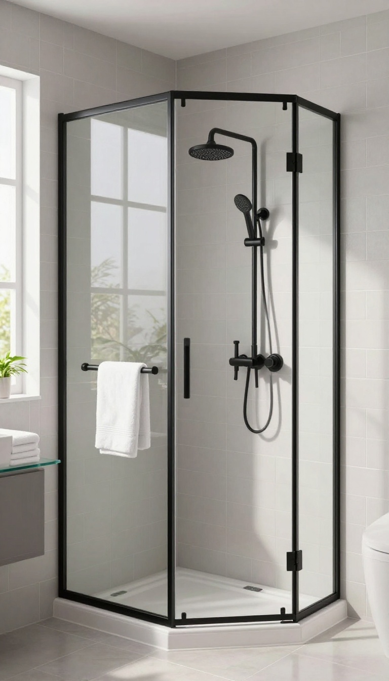Black-framed shower glass door in a bright bathroom with subway tile