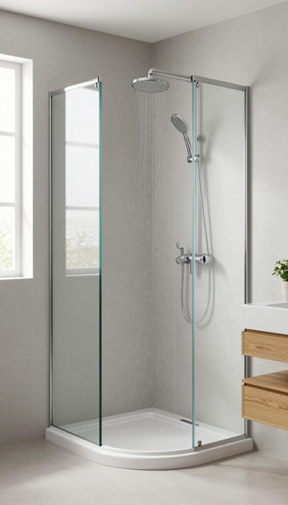 Modern bathroom with a corner shower tray in a quadrant shape, maximizing an awkward corner space with a sleek glass screen and rainfall showerhead.