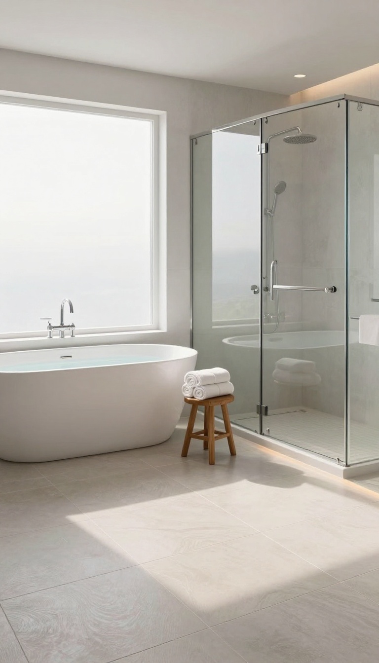 Modern bathroom with tub-shower combo and heated floor, warm and inviting