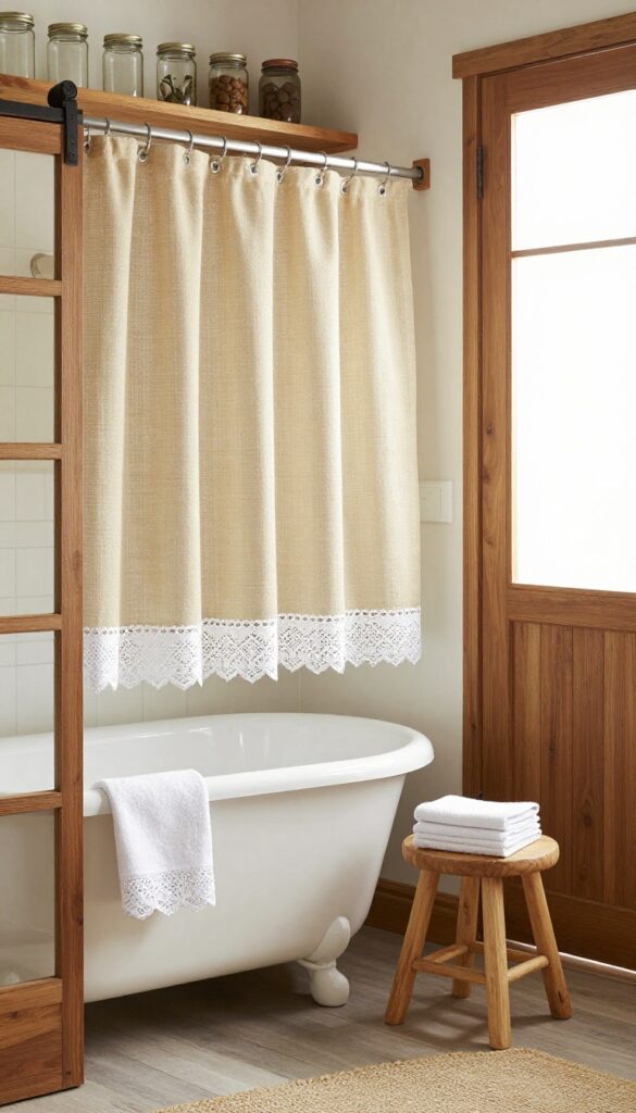Burlap and lace shower curtain in a rustic bathroom with wooden accents and natural light.