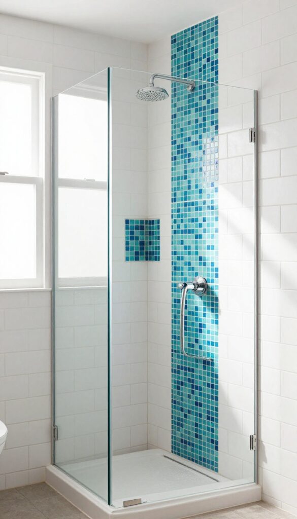 Small stand-up shower with a bold blue mosaic accent tile strip on the back wall, white subway tiles, and chrome fixtures