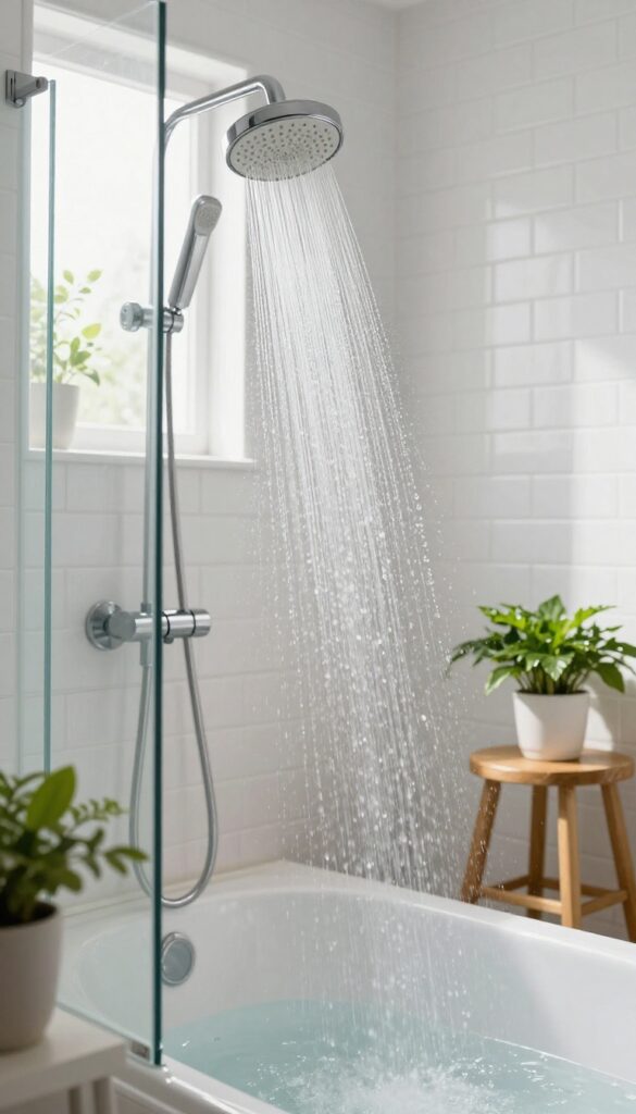 High-pressure showerhead spraying water in a small shower-over-bath combo bathroom