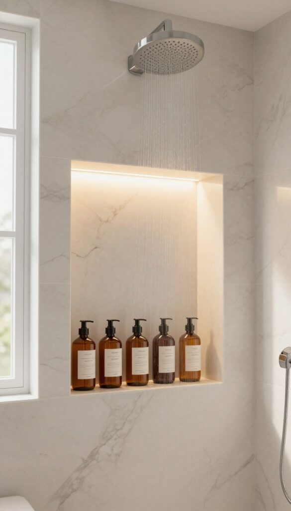 Recessed shower niche with warm LED accent lighting holding toiletries, creating a warm and inviting bathroom atmosphere.