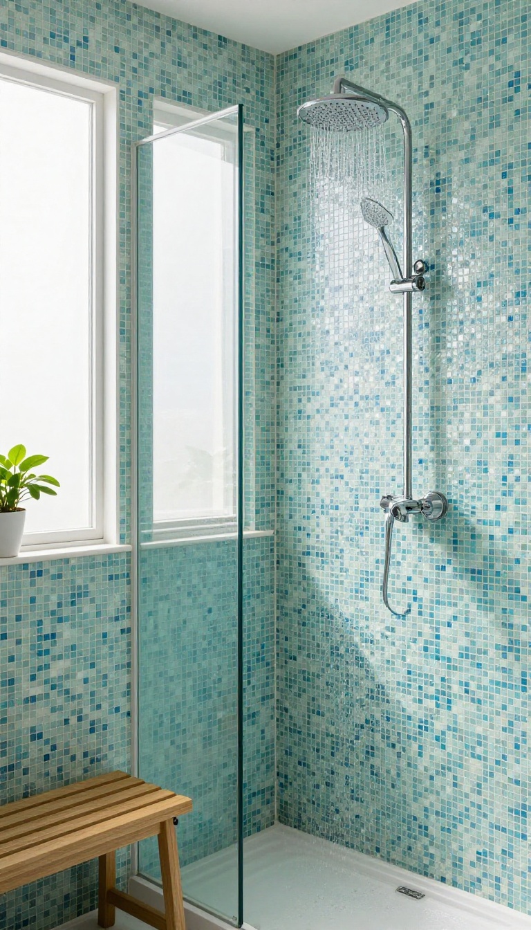 Luxurious shower with mosaic glass tile walls in blue and green, sparkling under natural light
