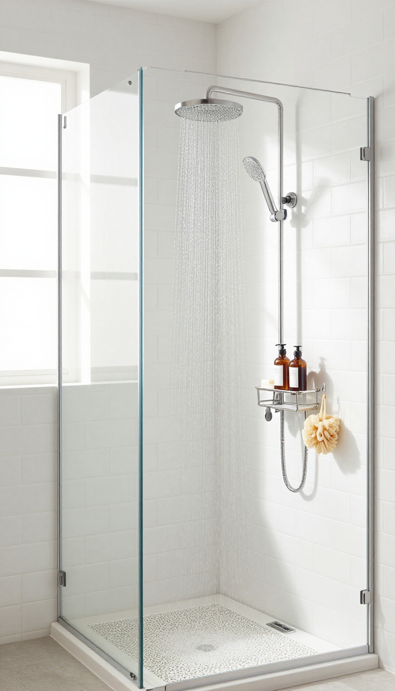 Wall-mounted shower organizer in a small modern shower room with natural light