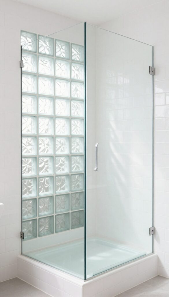 Modern shower with a glass block seat, allowing light to pass through for an airy, spacious feel.