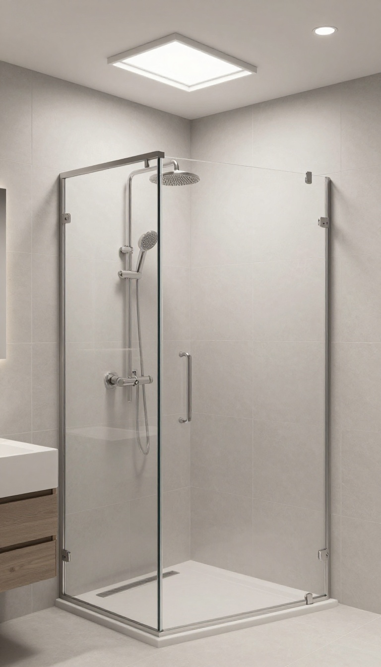Small bathroom stand-up shower with recessed lighting and a skylight, bright and airy.