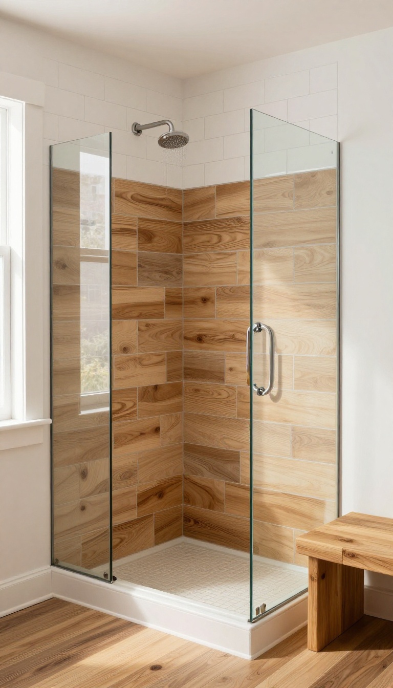 Modern farmhouse walk-in shower with wood-look tile flooring, glass enclosure, and white subway tile walls.