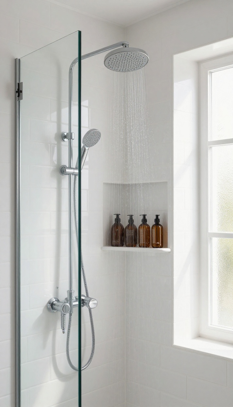 Small shower with a built-in tile niche holding shampoo bottles, demonstrating space-saving storage.