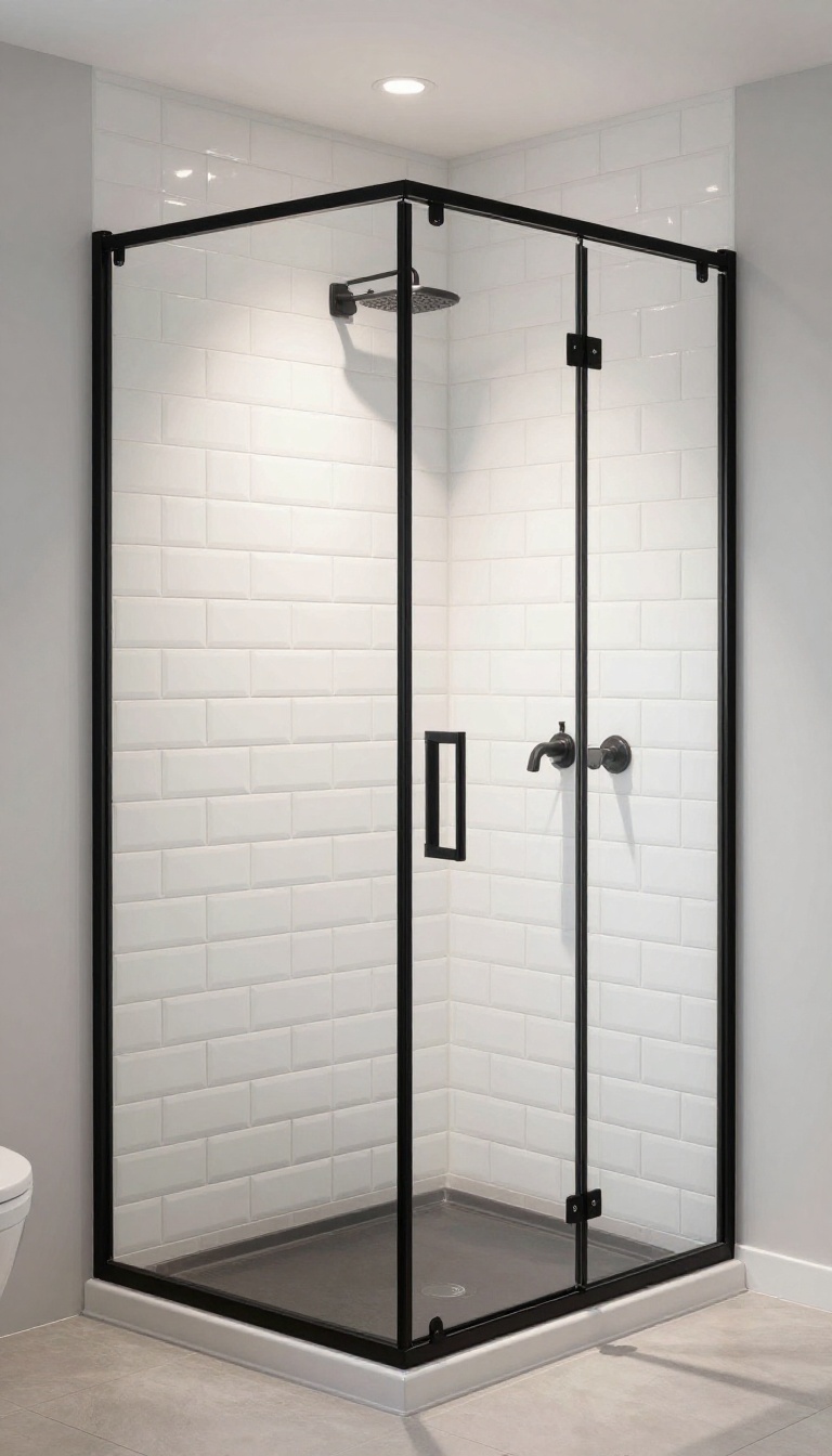 Modern bathroom with half wall shower featuring a black metal frame and white subway tile