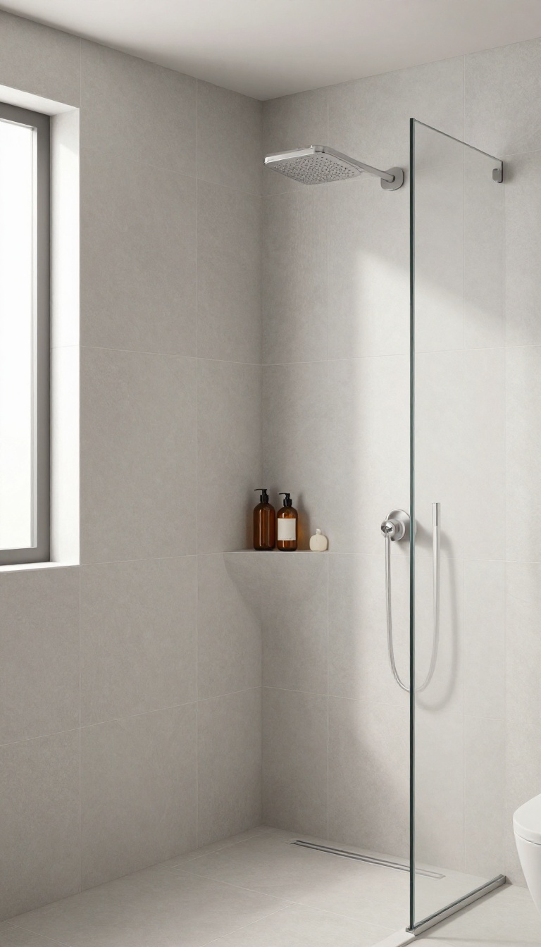 Modern bathroom pony wall with integrated shower niche holding shampoo bottles