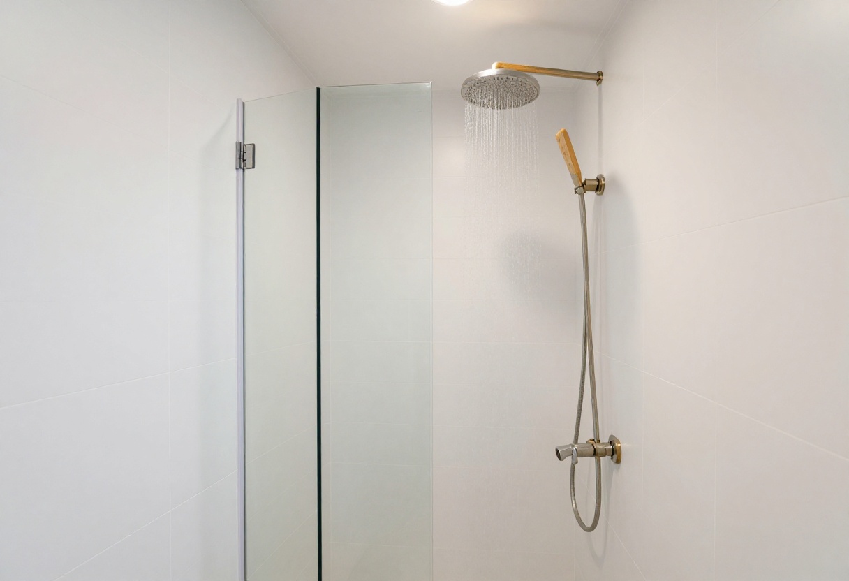 Modern half wall shower with glass panel in a bright bathroom