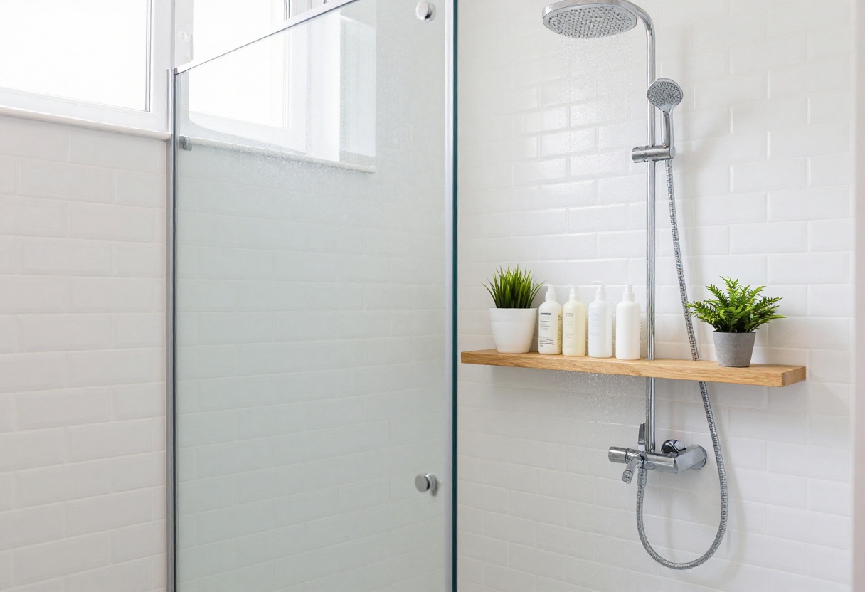 Modern shower with teak floating shelf and organized toiletries