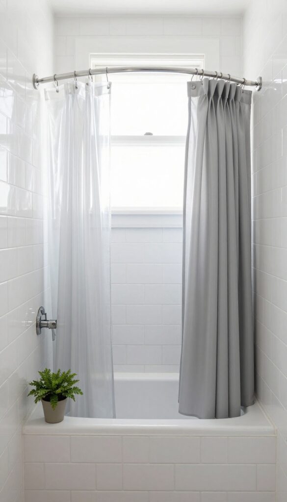 Curved shower rod with two curtains in a bright bathroom, showing extra space inside the tub