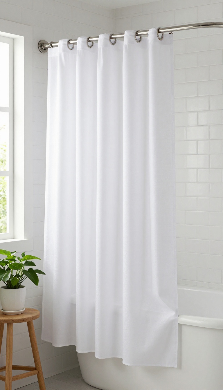 Modern bathroom with a white shower curtain featuring a built-in liner, bright natural light, and clean styling.