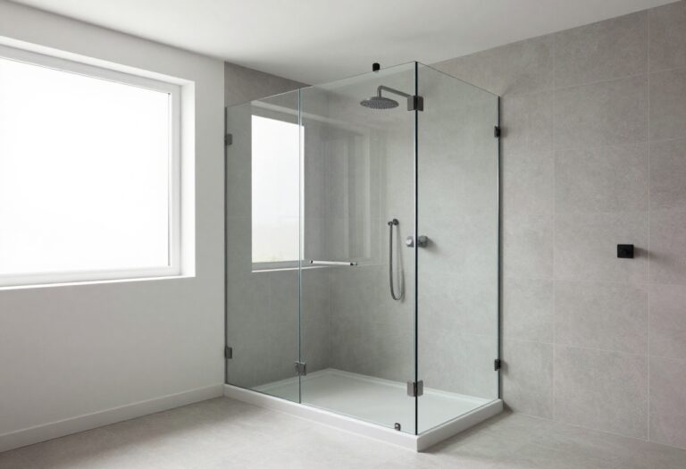 Modern neo angle shower with frameless glass and rainfall showerhead in a bright bathroom