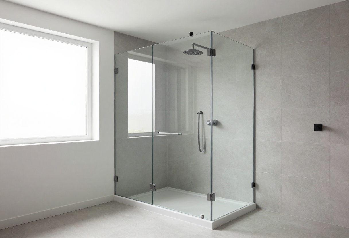 Modern neo angle shower with frameless glass and rainfall showerhead in a bright bathroom