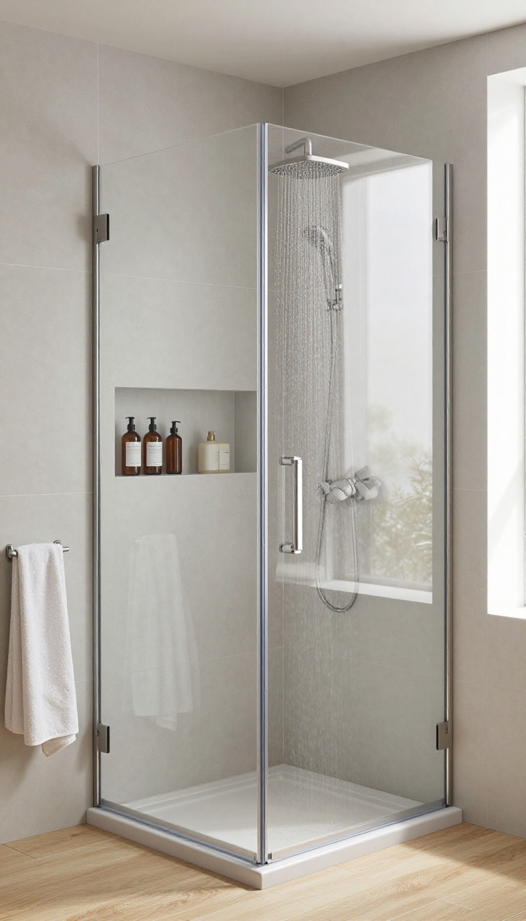 Recessed shower niche with toiletries in a small bathroom, showcasing built-in storage that saves space and adds a clean, modern look.