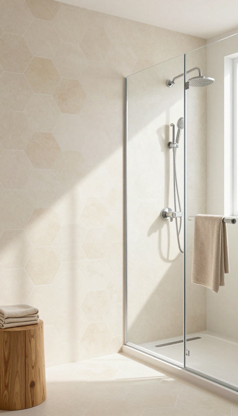 Beige geometric hexagon tiles in a modern shower with natural light