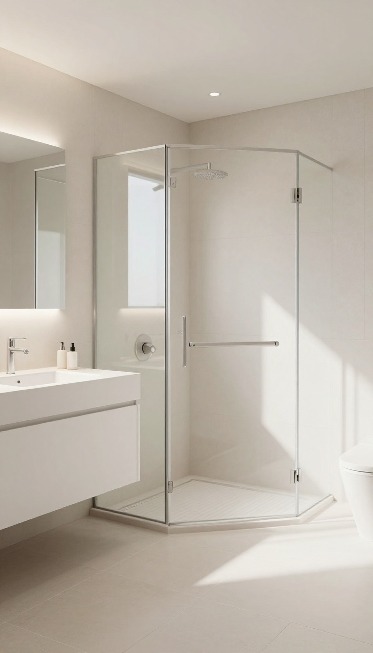 Modern bathroom with a walk-in shower and a floating vanity, showing open floor space beneath the vanity.