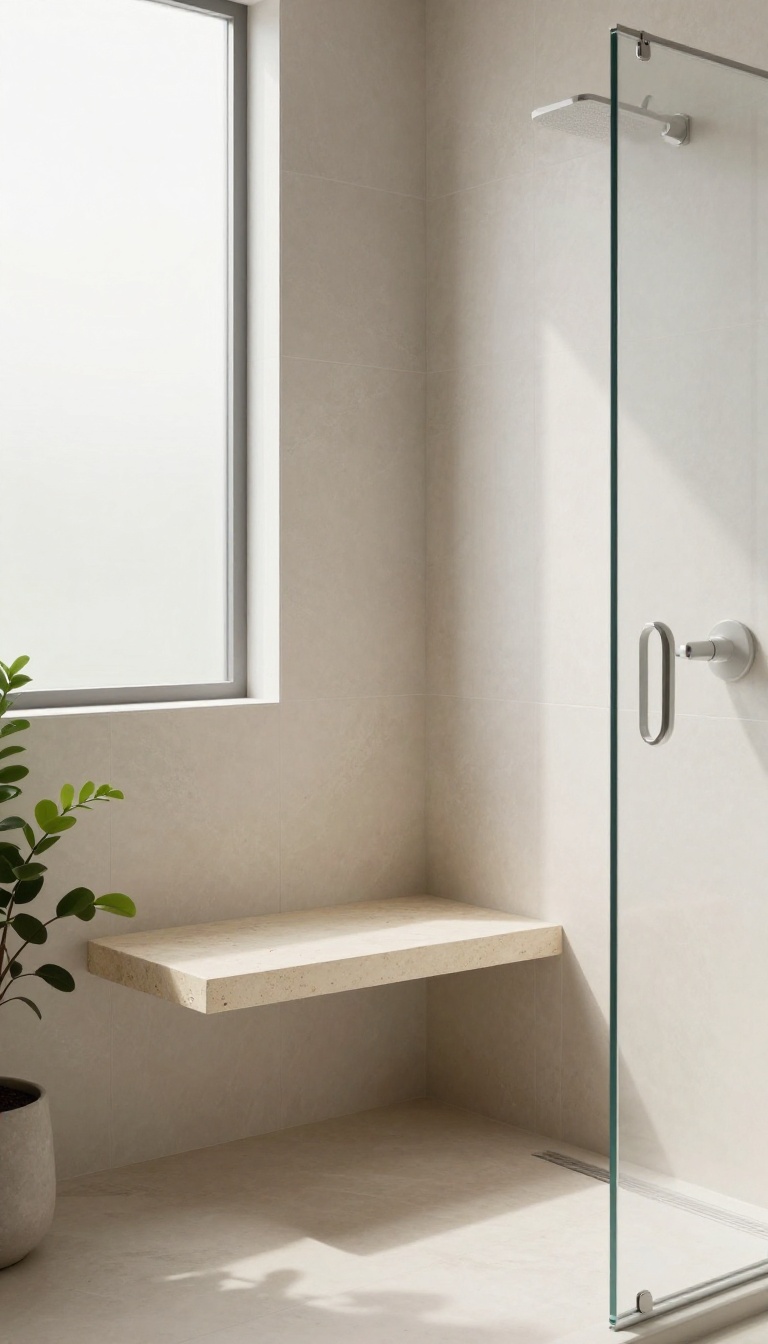 Modern walk-in shower with a corner bench in a small space, featuring natural stone and glass enclosure.