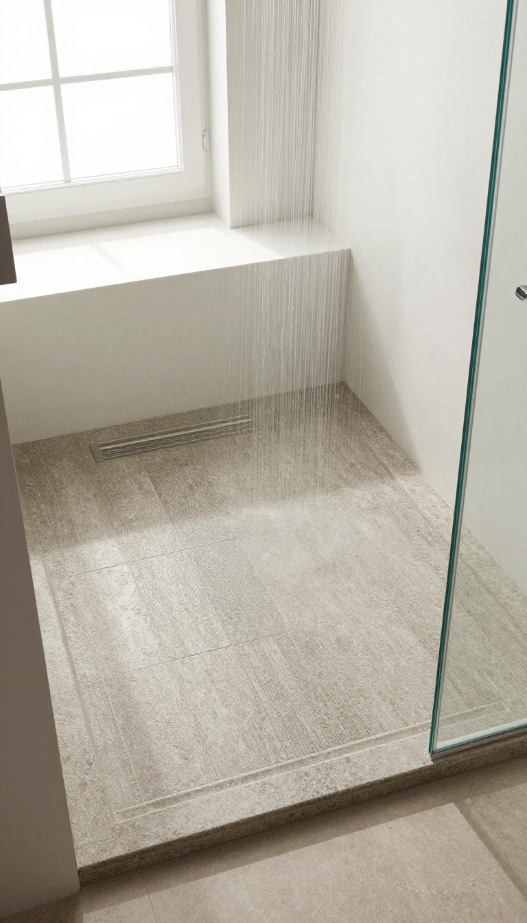 Modern zero-entry shower with textured non-slip floor tiles in a bright, clean bathroom.