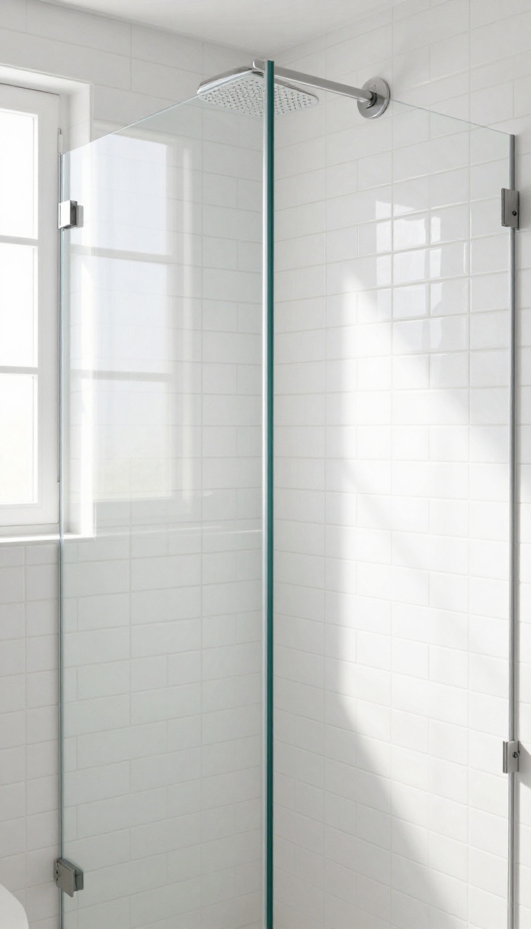 Vertical stacked subway tiles in a modern shower with frameless glass and natural light.