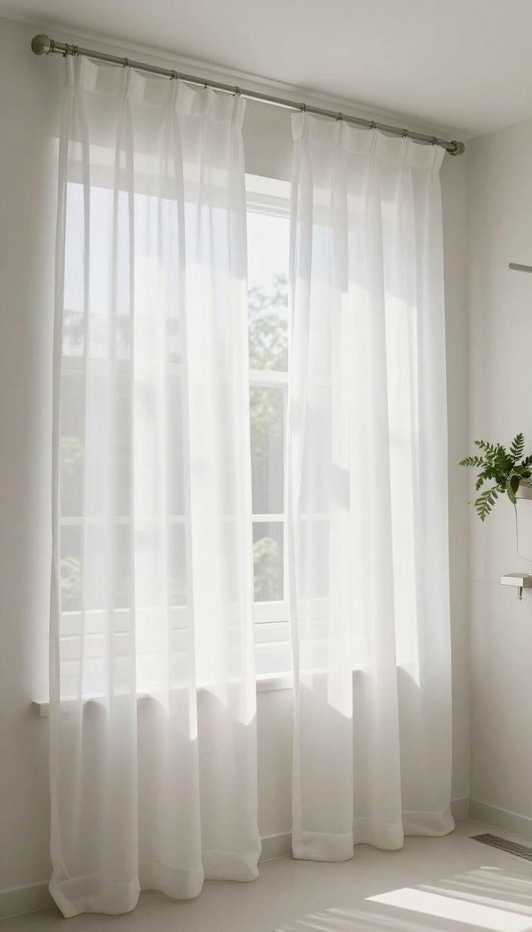 Two sheer white shower curtains layered on a single rod in a bright, spa-inspired bathroom