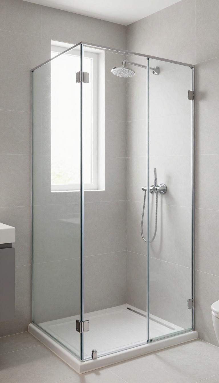 Small bathroom shower with light gray large tiles and frameless glass door, bright and airy design