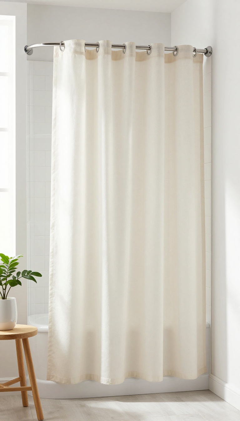 Modern bathroom with tall shower curtain on a double rod, clear liner and shorter decorative curtain, bright natural light, clean styling