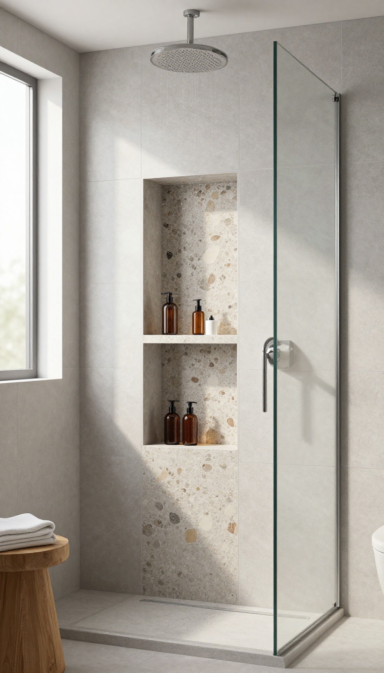 Curbless shower with a recessed niche featuring a textured pebble tile shelf holding toiletries, in a bright modern bathroom