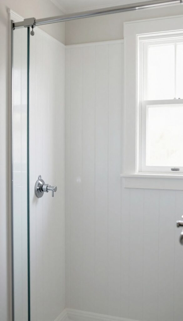 White beadboard shower surround in a bright, airy bathroom with natural light and chrome fixtures.