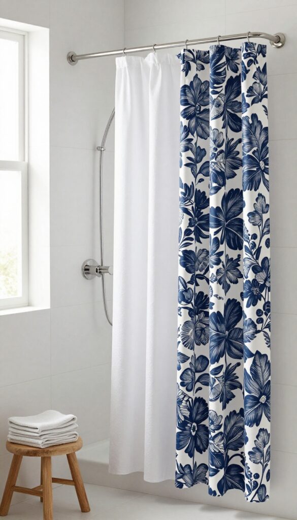 Bathroom with patterned outer shower curtain and white inner curtain on a double rod, bright natural light, clean tile wall, and wooden stool with towels.
