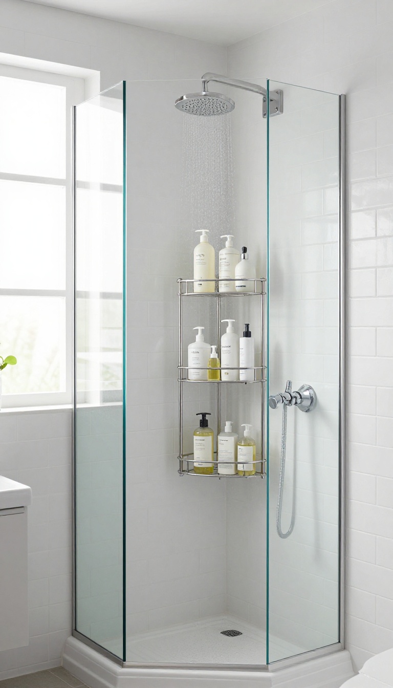 Modern shower corner with a tiered stainless steel caddy holding toiletries, bathed in natural light.