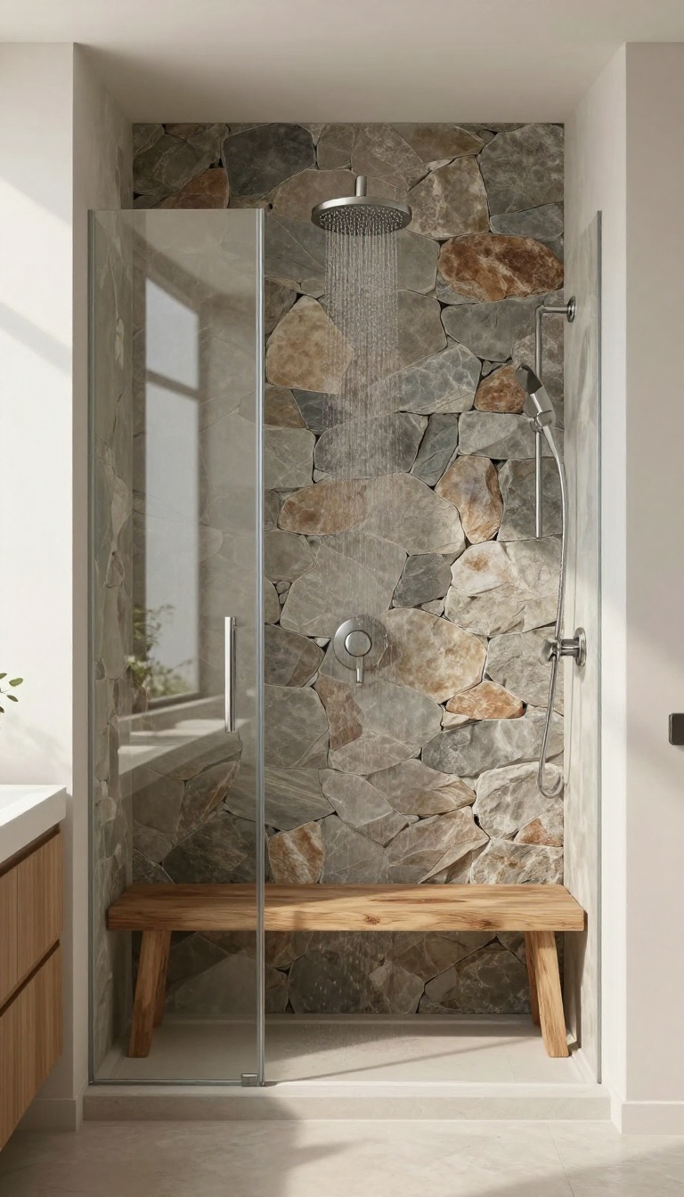 Modern bathroom shower with a natural stone accent wall in earthy tones, featuring a glass enclosure, rainfall showerhead, and wooden bench.