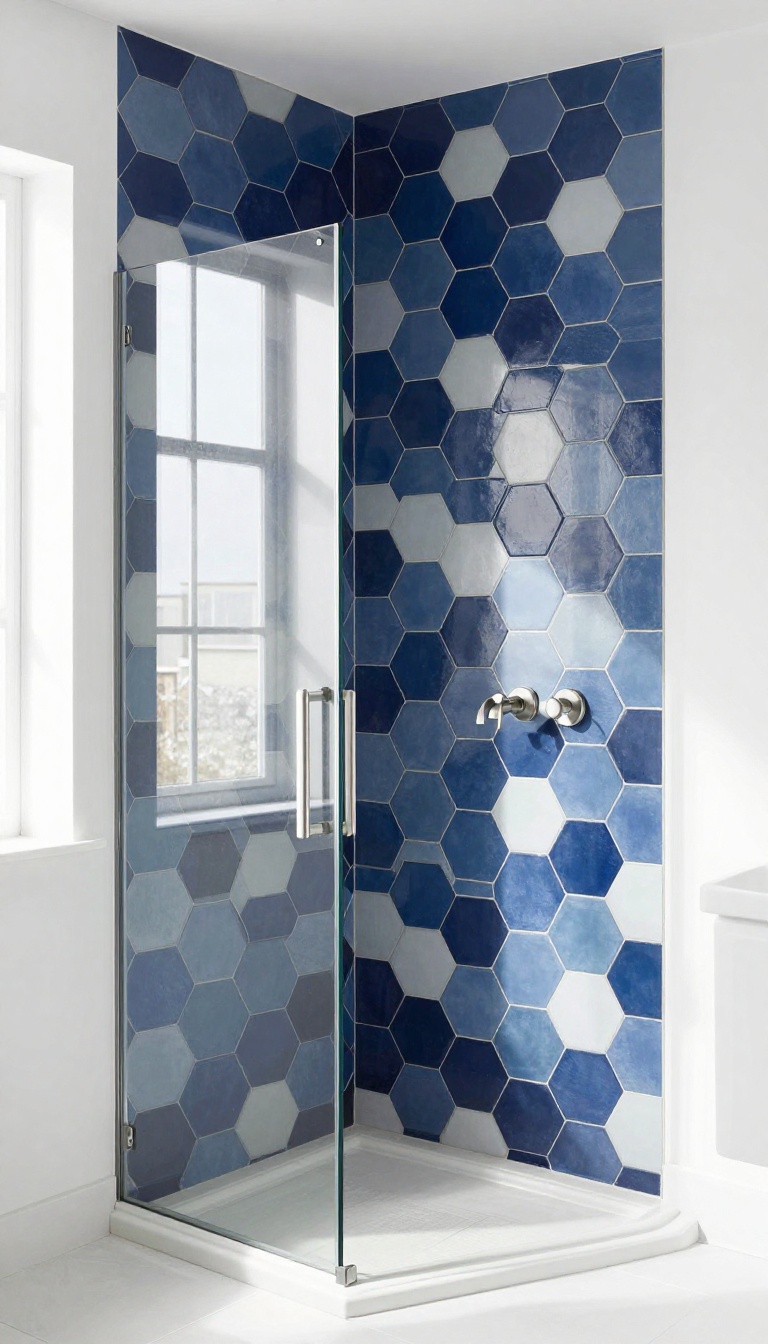 Modern standing shower with bold navy and white geometric tile pattern and glass door