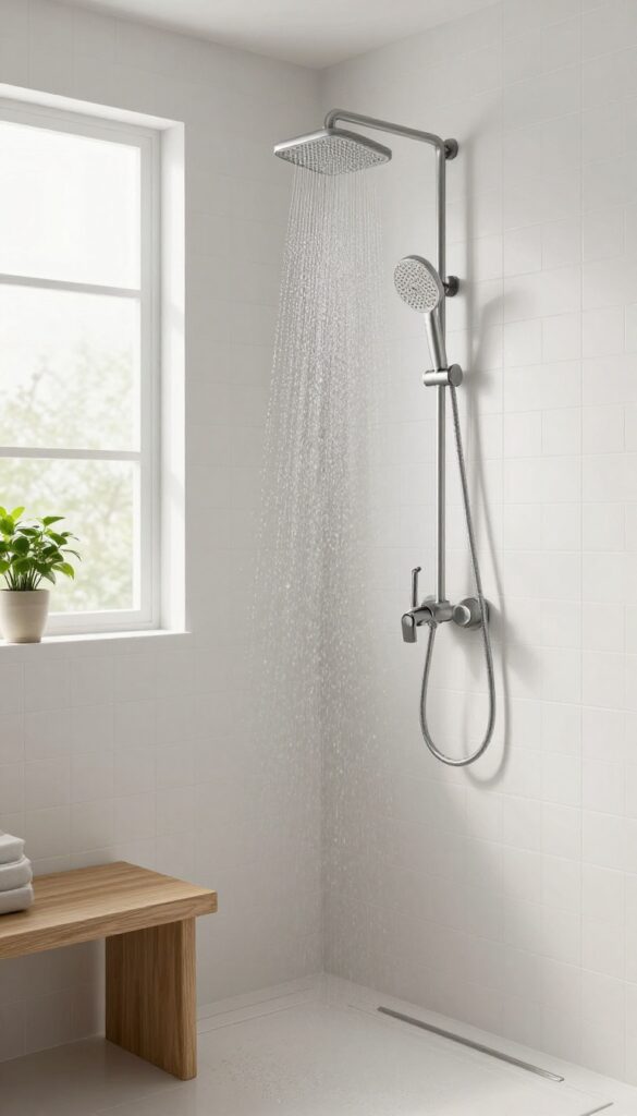 Adjustable showerhead on a sliding bar in a bright, accessible bathroom with a bench and handheld option.