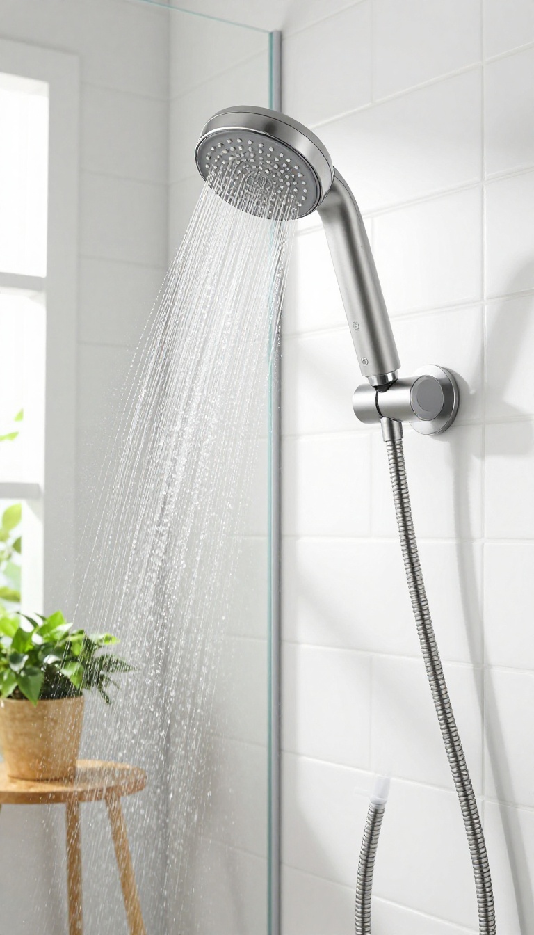 Handheld shower head in use in a bright, modern bathroom