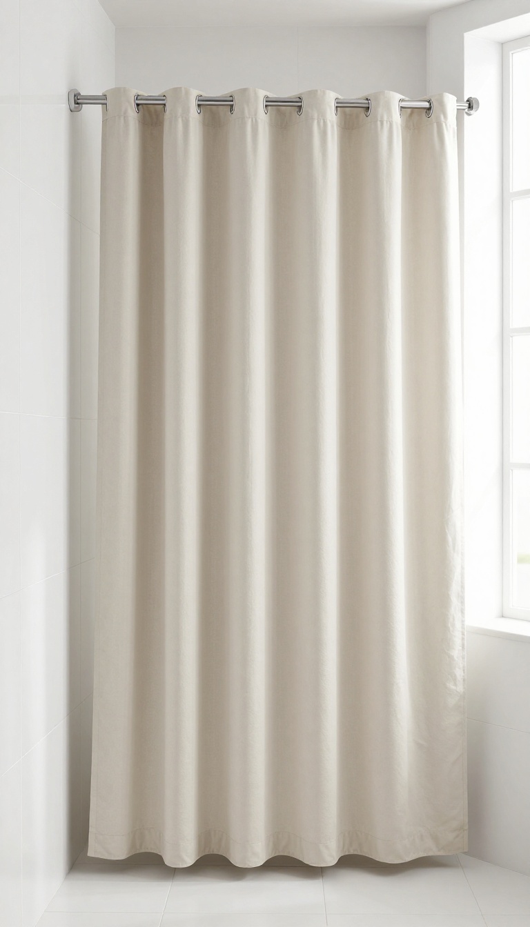 Tall shower curtain with weighted hem in a bright, clean bathroom