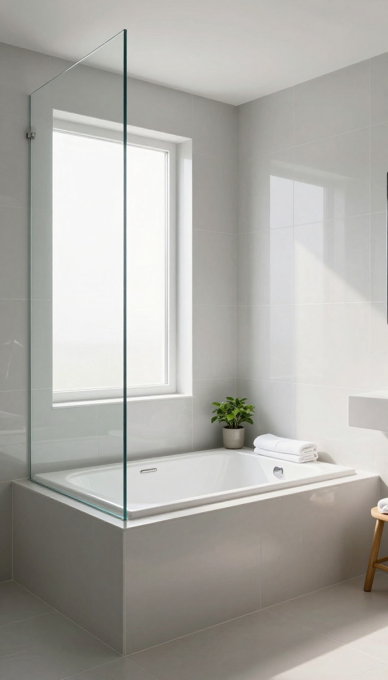 Alcove bathtub with a clear glass panel in a bright, modern bathroom