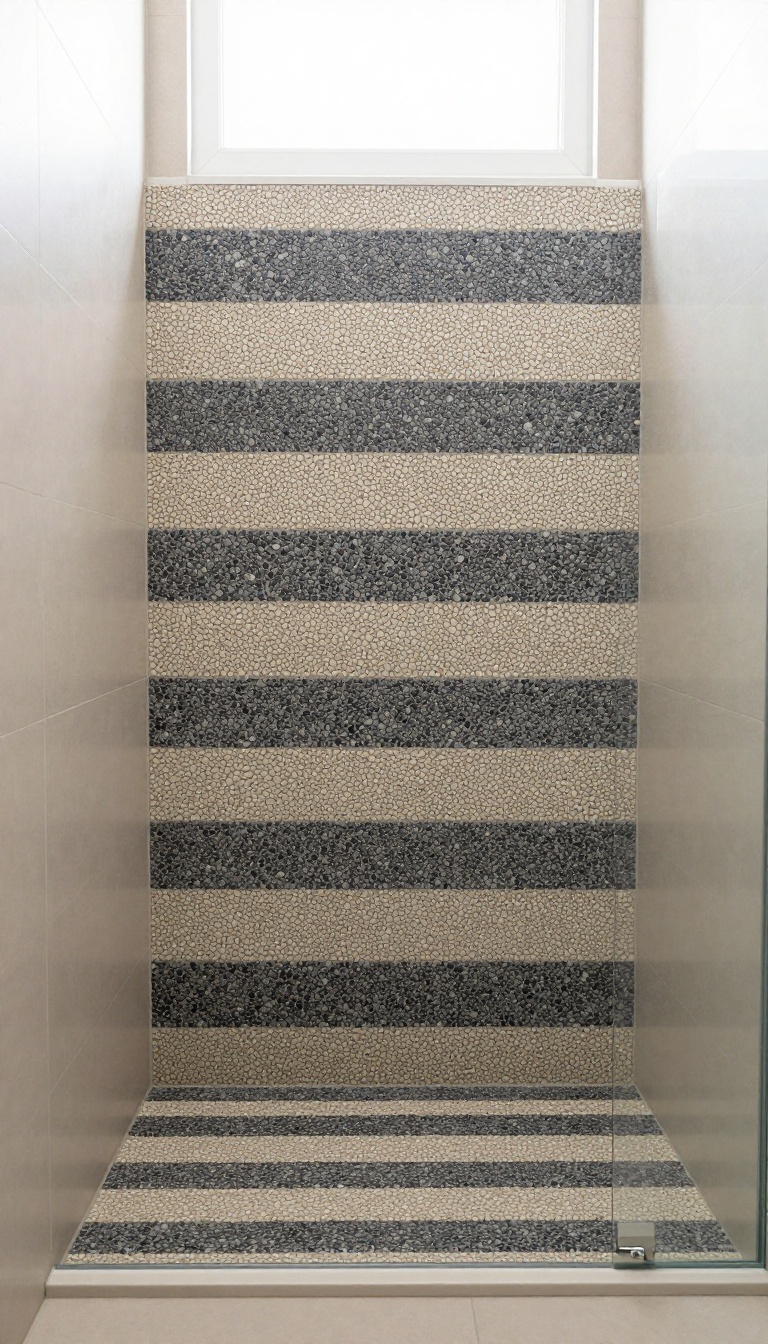 Modern bathroom shower floor with charcoal and cream pebble tiles arranged in horizontal accent stripes