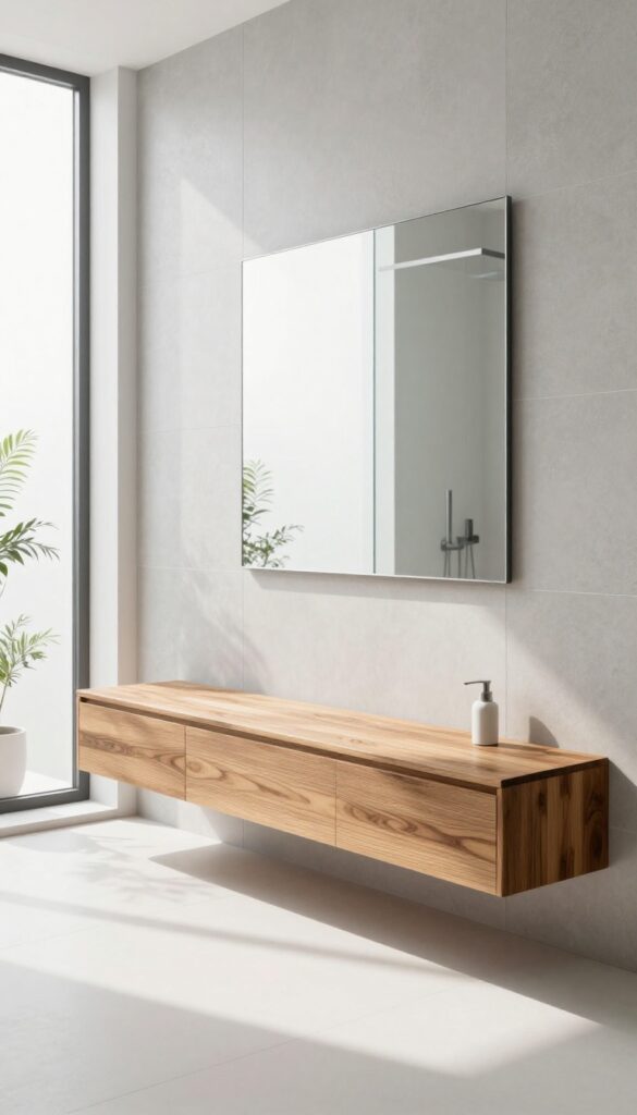 Modern bathroom with a floating teak wood bench in a bright, airy shower
