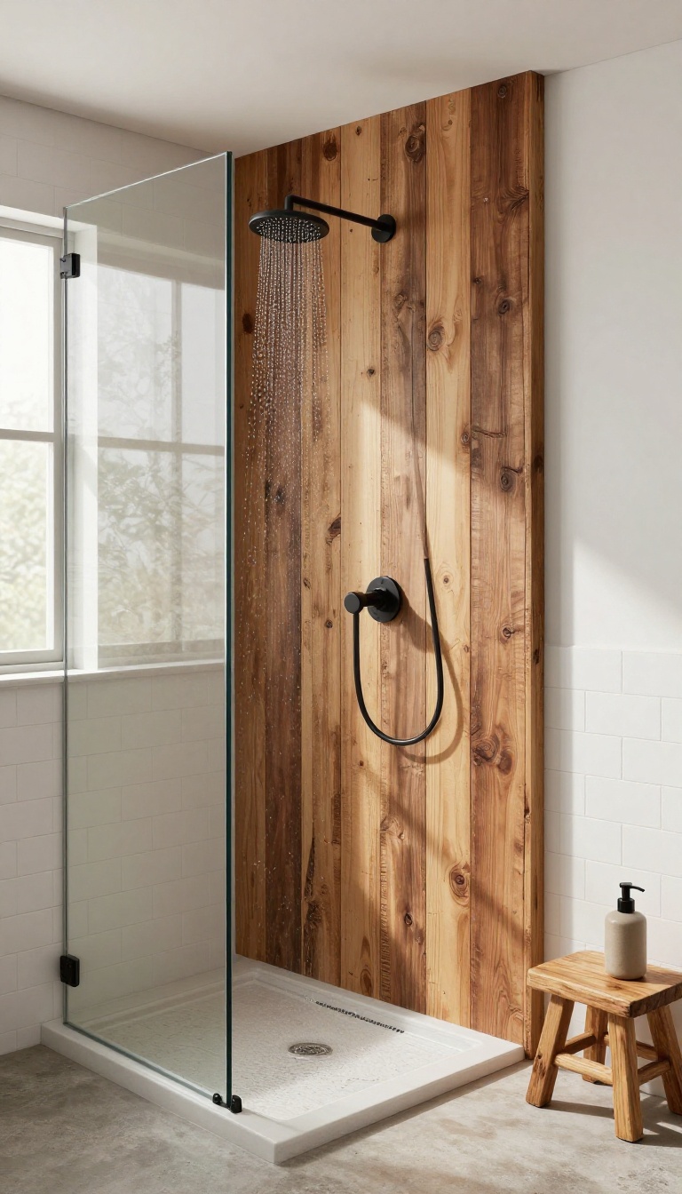 Farmhouse walk-in shower with a barn wood accent wall, rainfall showerhead, and matte black fixtures in bright natural light.