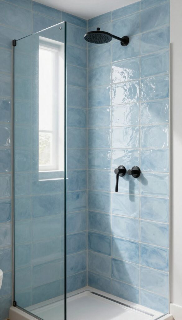 Glossy zellige tiles in a modern shower with soft blue color and warm light reflections