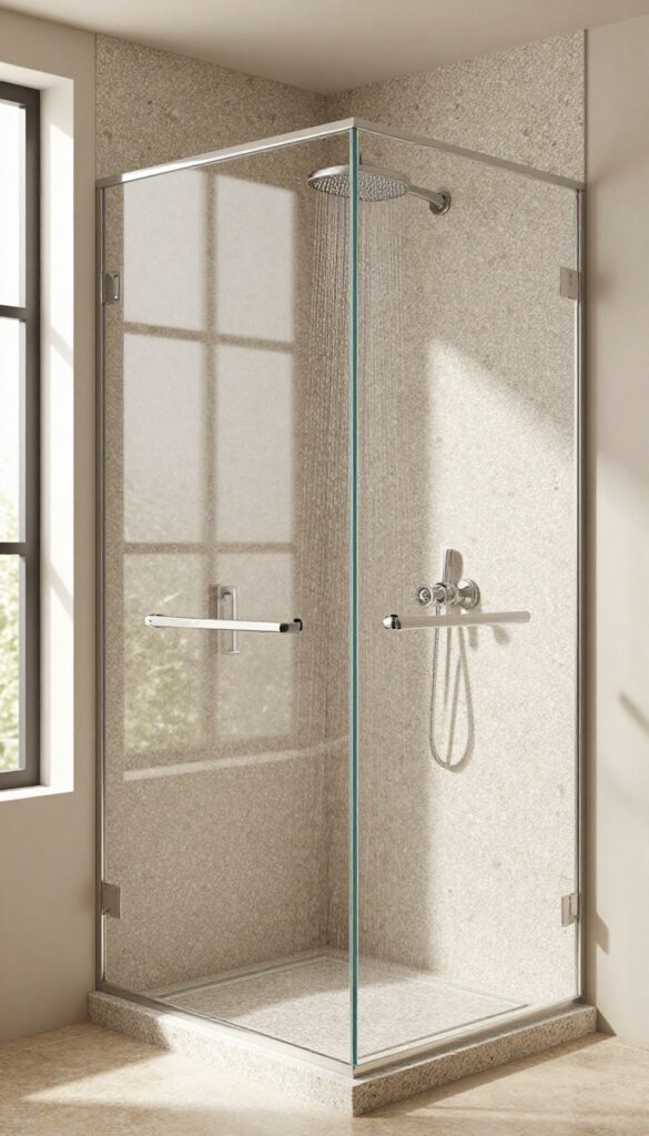 Walk-in shower with textured pebble tile floor and wall, featuring a rainfall showerhead and glass enclosure.
