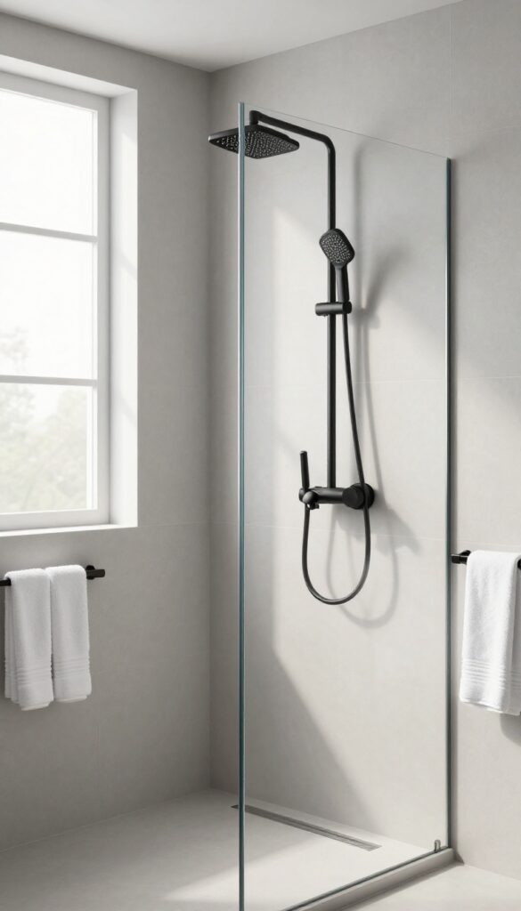 Modern bathroom with matte black shower faucet and rainfall showerhead