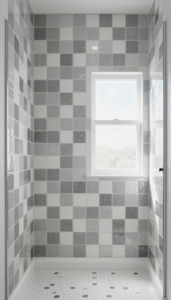 Modern shower with grey and white mix-and-match tiles in a scattered mosaic pattern, illuminated by natural light.