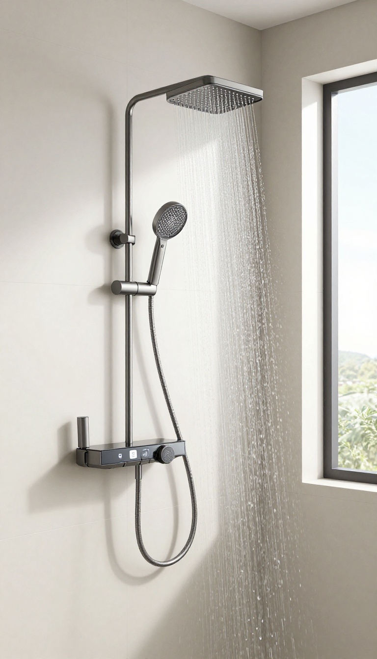 Modern bathroom with a digital shower control panel and rainfall showerhead